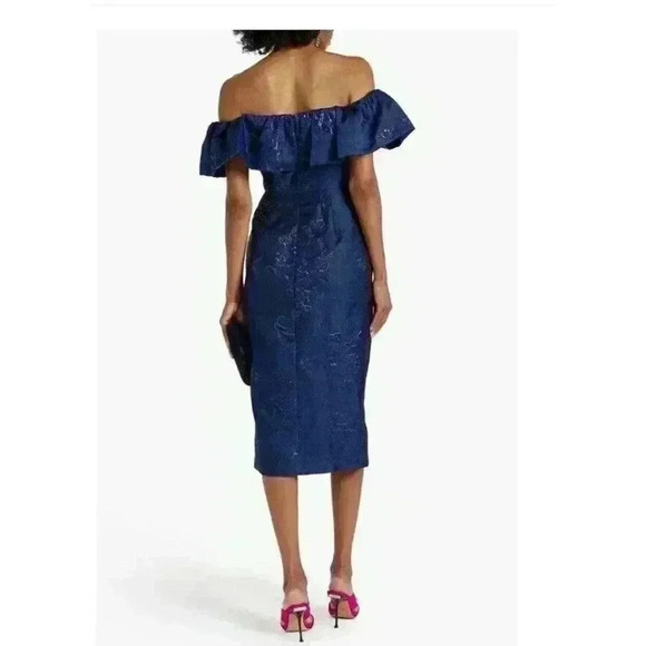 New Monique Lhuillier Cocktail Dress Off-The-Shoulder Bow Metallic Floral Size 8 - Picture 4 of 13